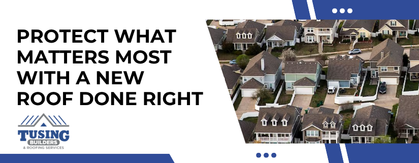 Tusing Builders image with the text "Protect What Matters Most With a New Roof Done Right" highlighting Avon residential roofing expertise.
