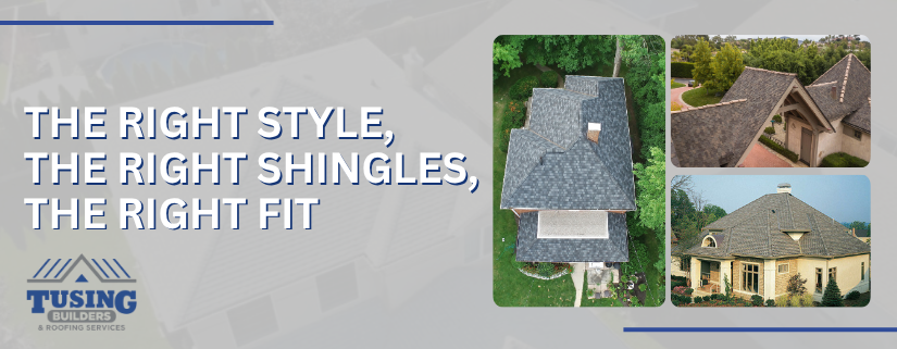 Tusing Builders image with the text "The Right Style, The Right Shingles, The Right Fit" showcasing CertainTeed shingle roofing in Sandusky, OH.