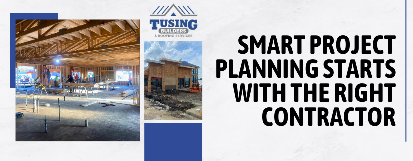 Tusing Builders & Roofing Services image with the text "Smart Project Planning Starts with the Right Contractor" promoting energy-efficient roofing in Cleveland.