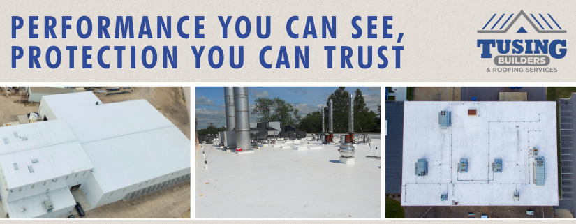 Tusing Builders & Roofing Services image with the text "Performance You Can See, Protection You Can Trust" promoting Roofing Solutions for Cleveland Businesses.