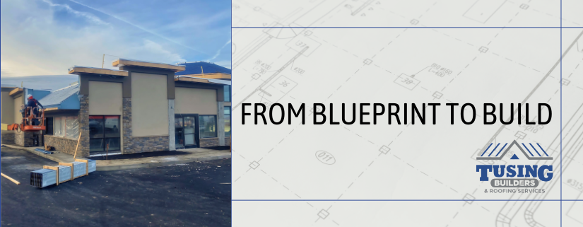 Tusing Builders image with the text "From Blueprint to Build" promoting an Experienced General Contractor in Sandusky, Ohio.