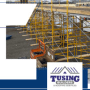 Tusing Builders banner for Commercial Roofing Akron OH, featuring professional scaffolding, safety equipment, and industrial staging on an active construction site to demonstrate large-scale building envelope capabilities.