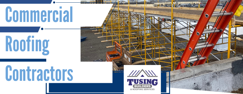 Tusing Builders banner for Commercial Roofing Akron OH, featuring professional scaffolding, safety equipment, and industrial staging on an active construction site to demonstrate large-scale building envelope capabilities.