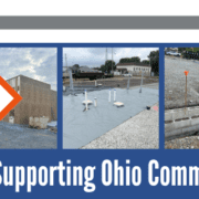 Tusing Builders & Roofing banner titled "Supporting Ohio Commercial Projects," featuring a five-panel collage of professional construction stages, including site preparation, concrete foundation work, and structural framing to highlight their capabilities as an Ohio commercial roofing company.